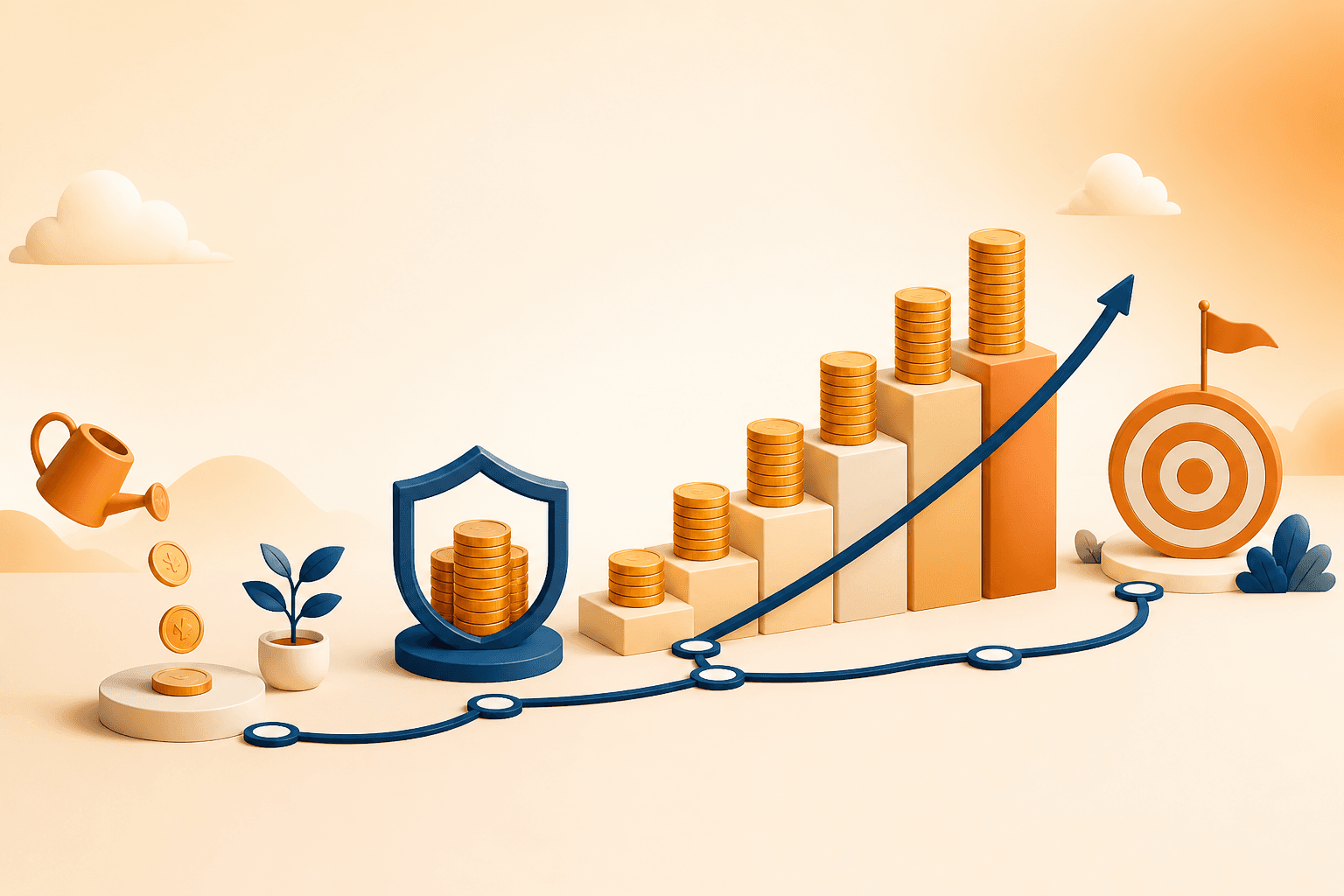 Educational visual guide for Units: gradual investing growth, financial protection, and progress toward a goal