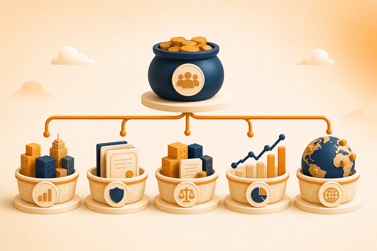 Educational visual guide for Multi Cap: pooled money branching into equity, debt, hybrid, index, and international fund categories