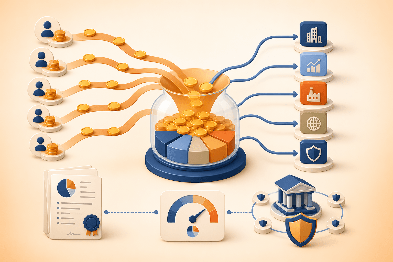 Educational visual guide for Beta: pooled investments, diversification, fund documents, and regulated oversight