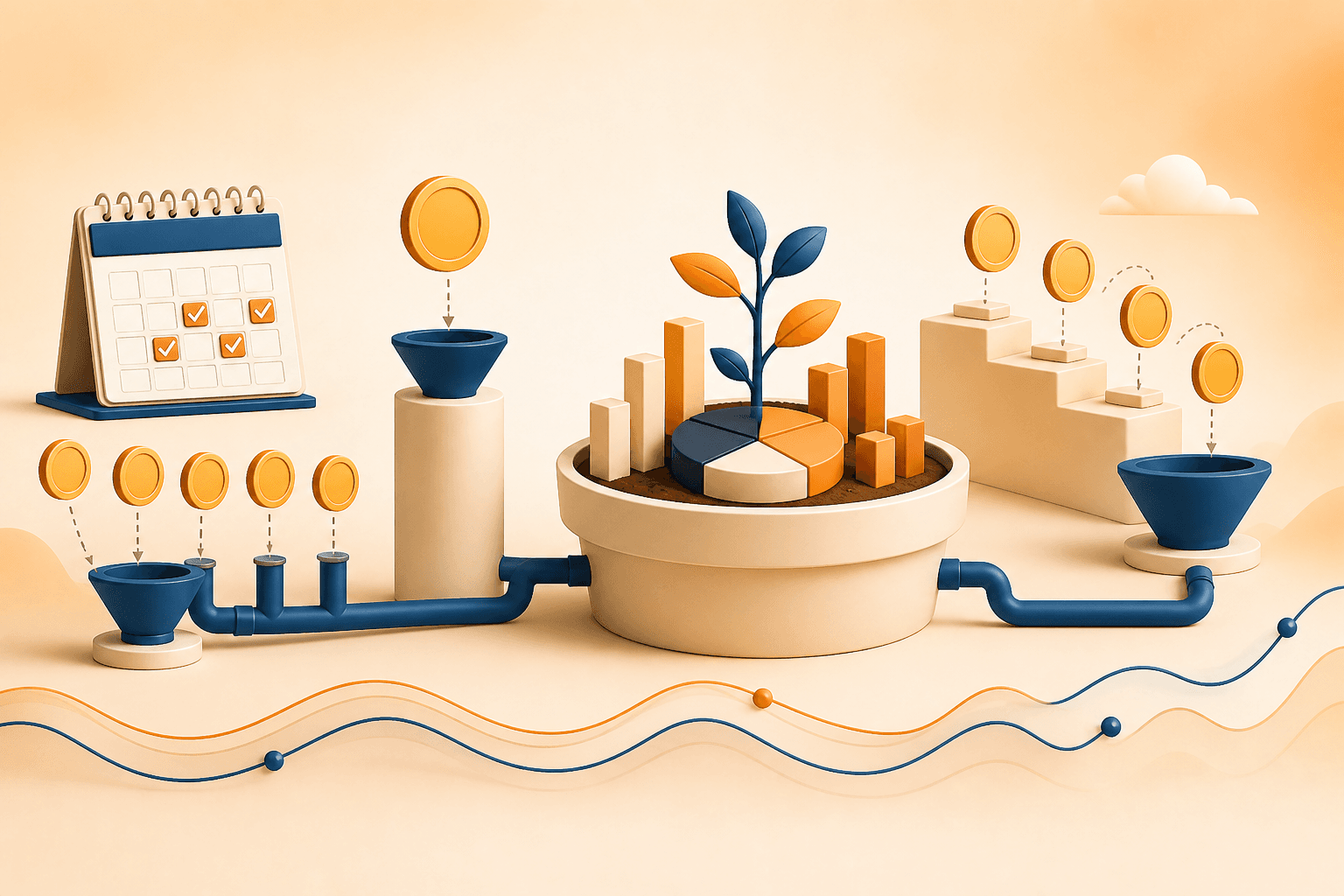 Educational visual guide for Performance: recurring, lump-sum, and staged contributions entering a diversified portfolio