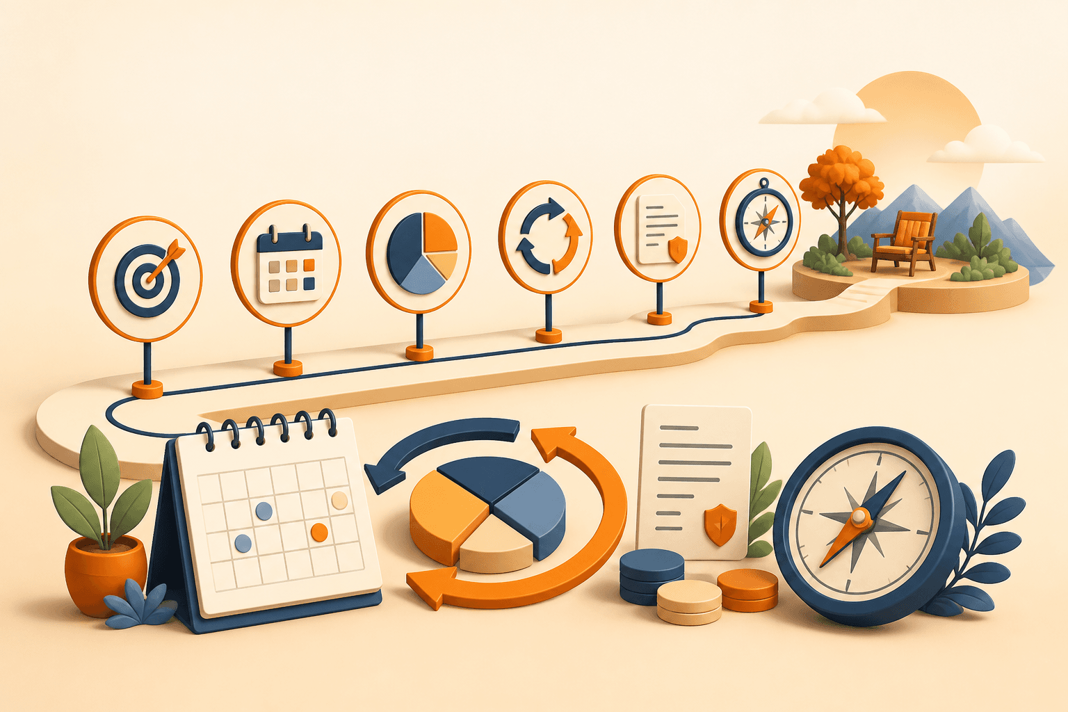 Educational visual guide for Glide Path: financial goals, asset allocation, rebalancing, and disciplined long-term planning