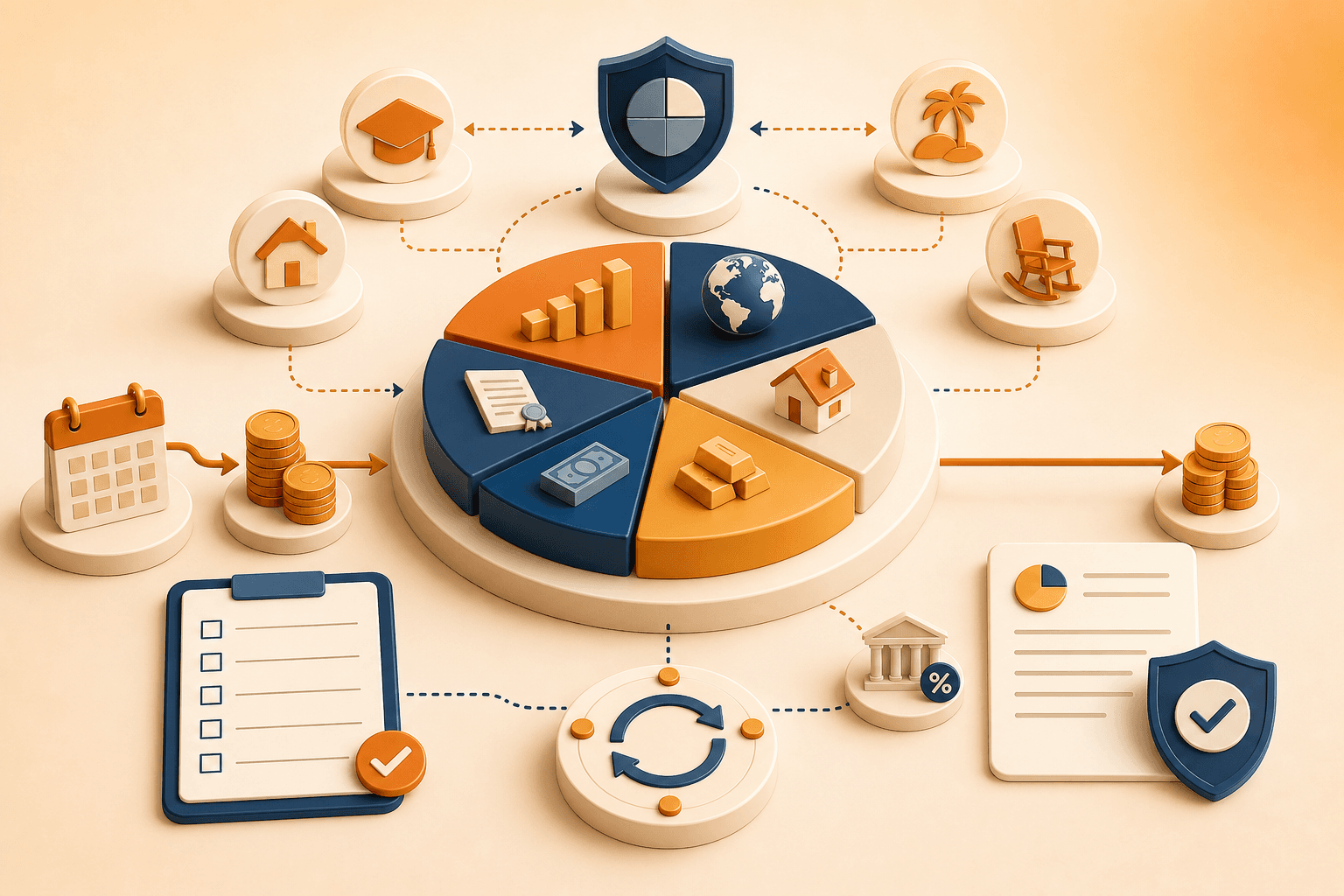 Educational illustration showing asset allocation connected to risk, goals, cash flows, and periodic portfolio review