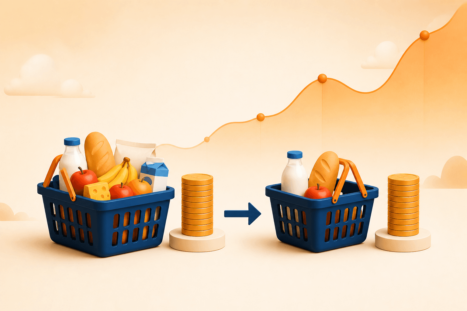 Educational visual guide for Inflation and purchasing power: the same reserve purchasing fewer everyday goods as prices rise over time
