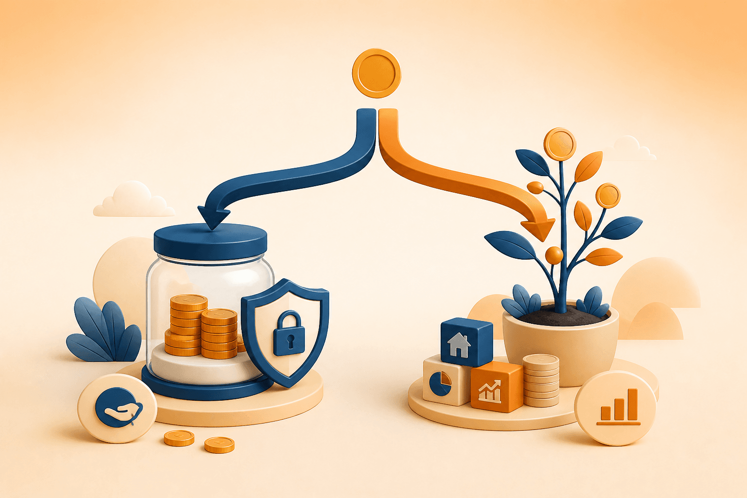 Educational visual guide for Saving vs Investing: a protected savings reserve alongside a diversified path for long-term growth